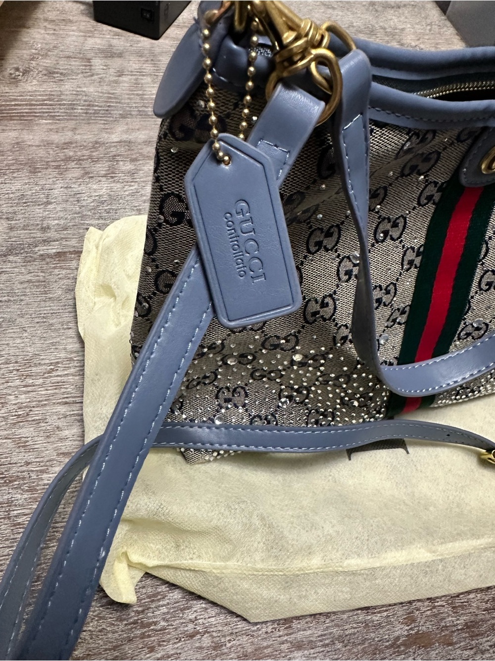 Blue-Trim Supreme Shoulder Bag with bling - Picture 2 of 11